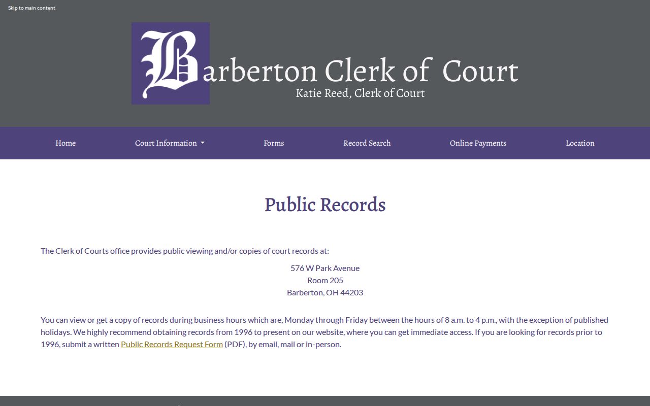Green previous residents Barberton Municipal Court public records access